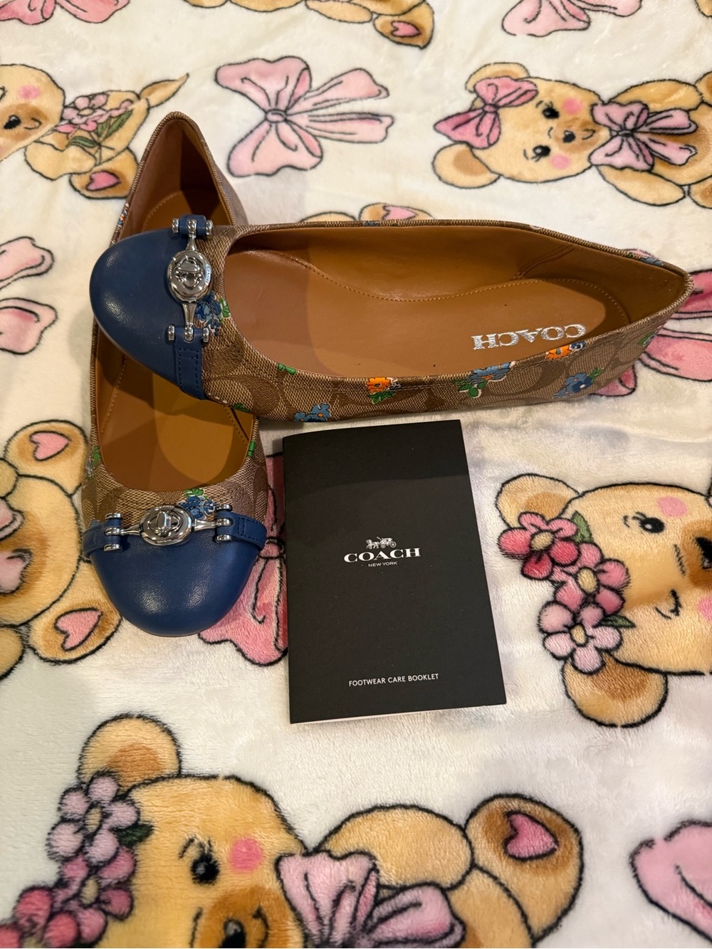 Coach Brown Signature Canvas Ballet Flats with Blue Leather Cap and Floral Print